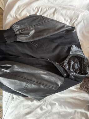 Burks Bay Men's Black Wool and Leather Varsity Bomber Jacket
